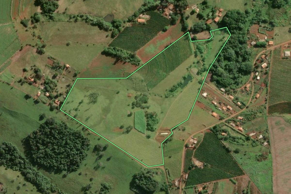 Imagem de satélite do imóvel rural em Taguaí (SP), com o contorno declarado no CAR desenhado por cima.