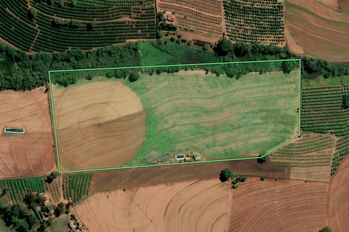 Imagem de satélite do imóvel rural em Taiaçu (SP), com o contorno declarado no CAR desenhado por cima.
