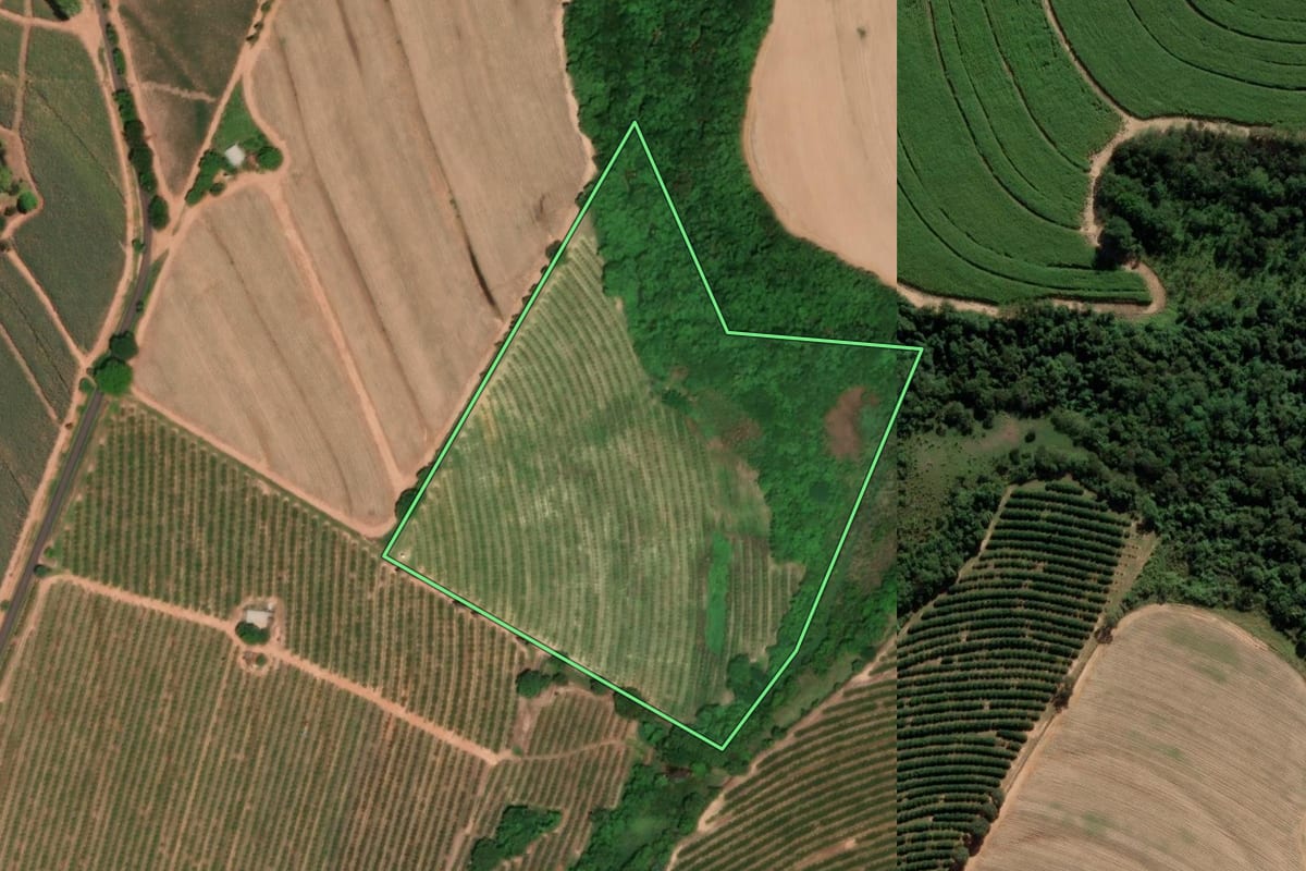 Imagem de satélite do imóvel rural em Taiaçu (SP), com o contorno declarado no CAR desenhado por cima.