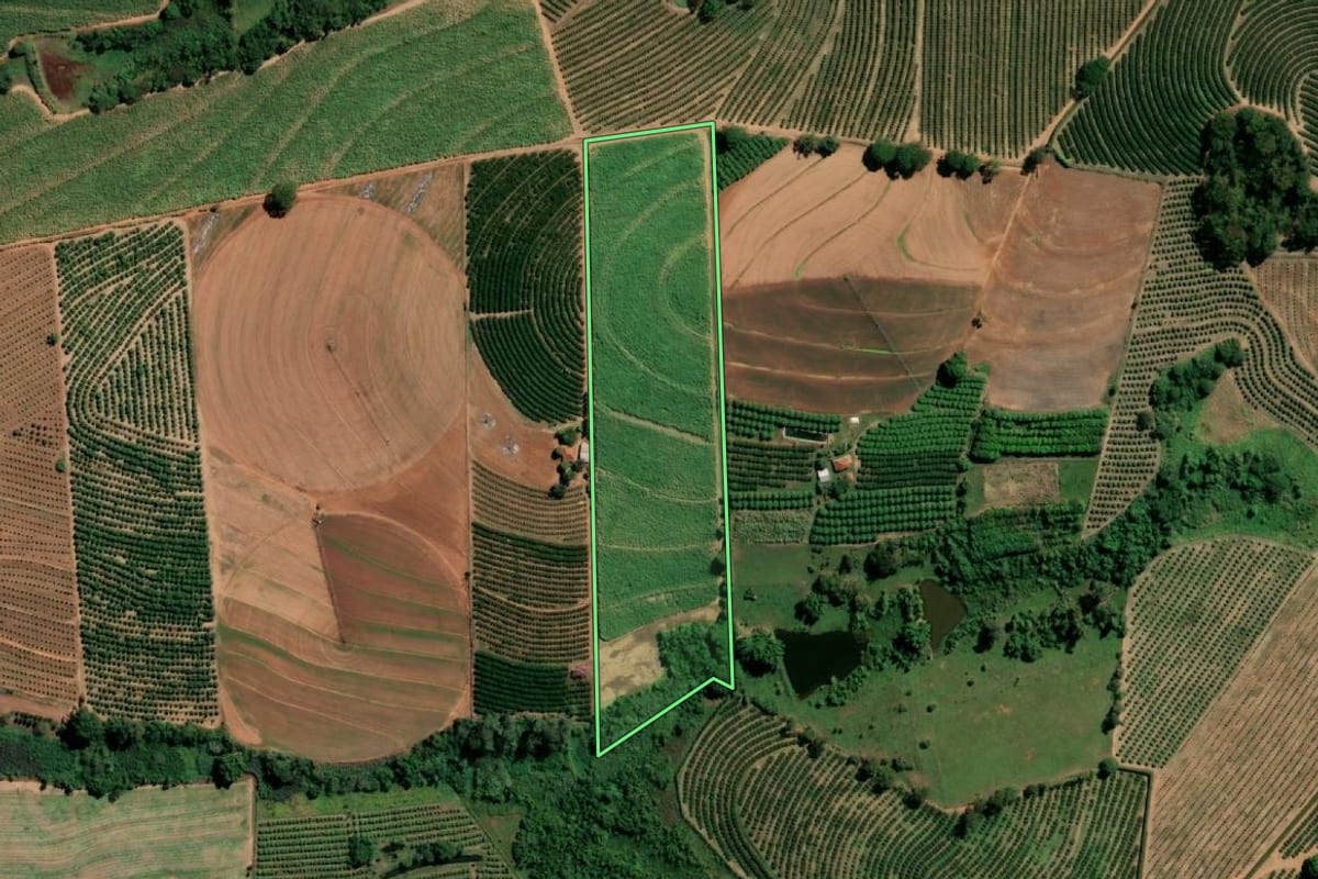 Imagem de satélite do imóvel rural em Taiaçu (SP), com o contorno declarado no CAR desenhado por cima.