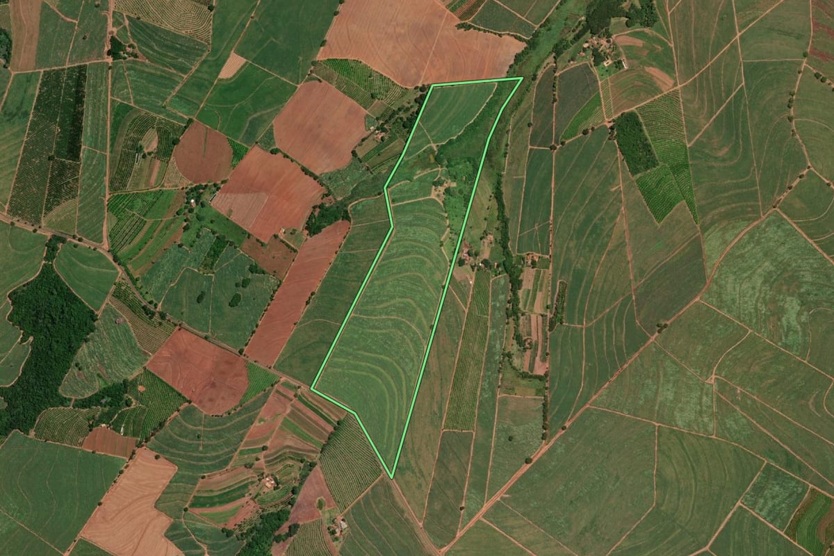 Imagem de satélite do imóvel rural em Taiaçu (SP), com o contorno declarado no CAR desenhado por cima.