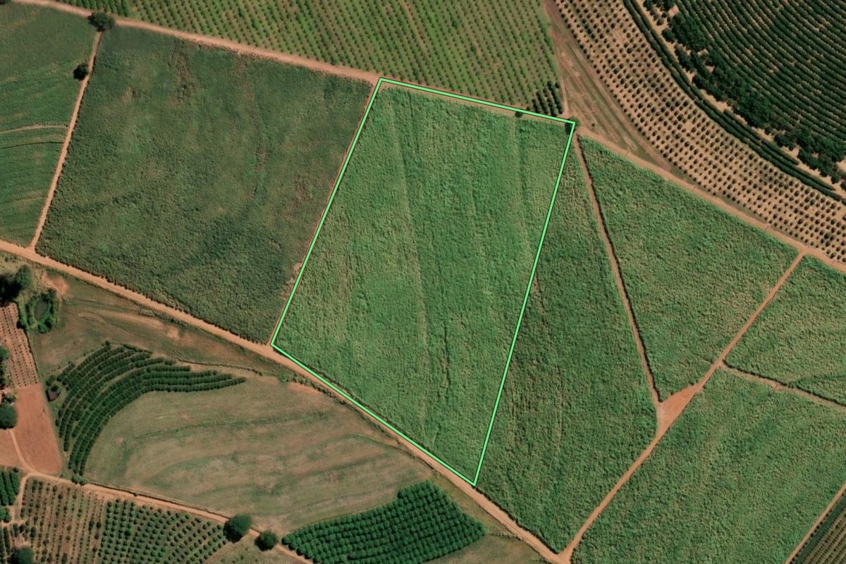Imagem de satélite do imóvel rural em Taiaçu (SP), com o contorno declarado no CAR desenhado por cima.