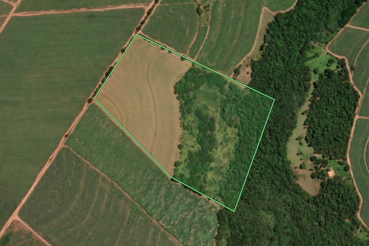 Imagem de satélite do imóvel rural em Taiaçu (SP), com o contorno declarado no CAR desenhado por cima.