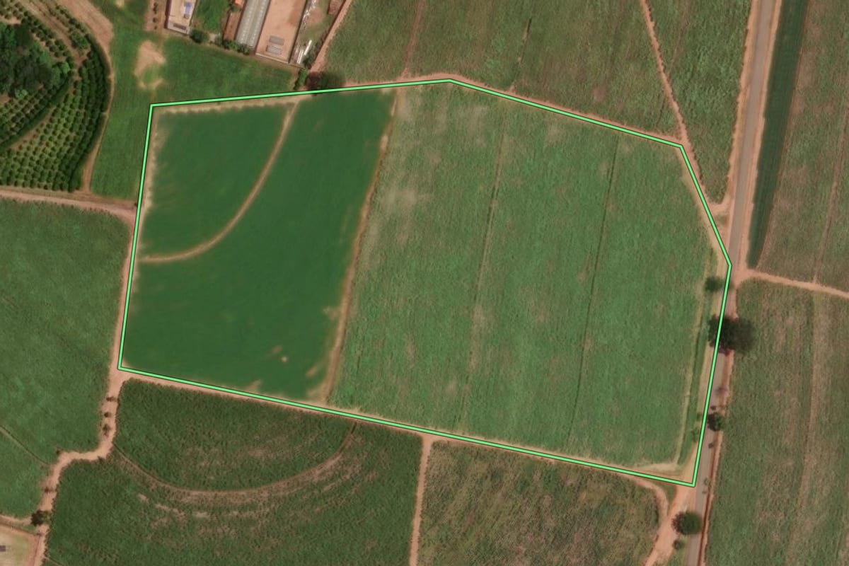 Imagem de satélite do imóvel rural em Taiúva (SP), com o contorno declarado no CAR desenhado por cima.