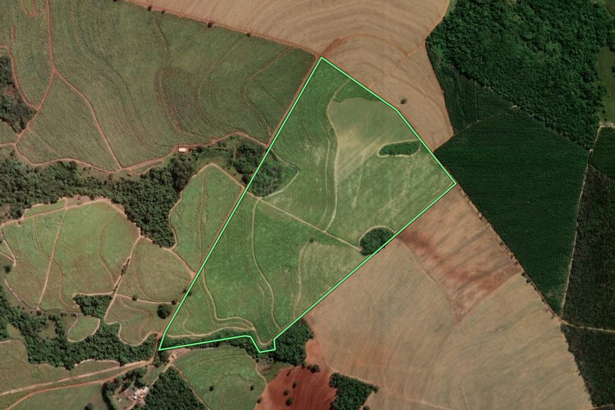 Imagem de satélite do imóvel rural em Tambaú (SP), com o contorno declarado no CAR desenhado por cima.