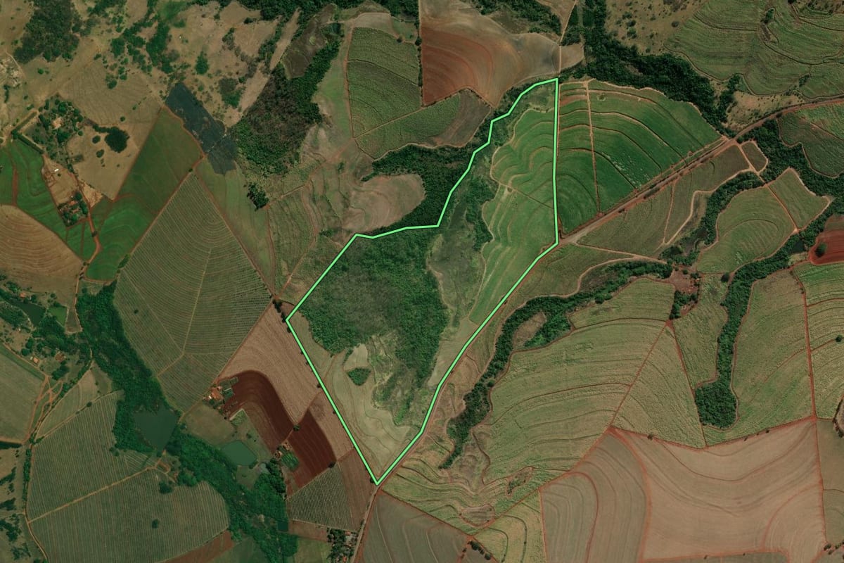 Imagem de satélite do imóvel rural em Tambaú (SP), com o contorno declarado no CAR desenhado por cima.