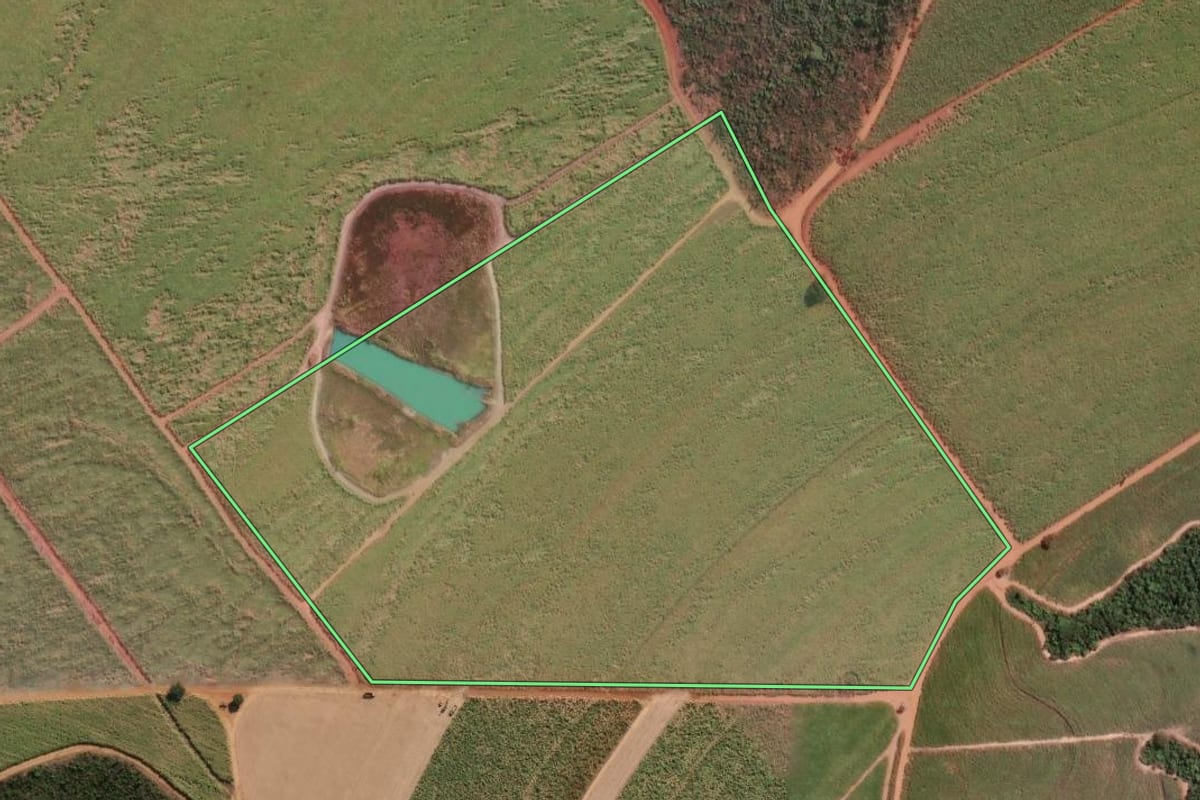 Imagem de satélite do imóvel rural em Tambaú (SP), com o contorno declarado no CAR desenhado por cima.
