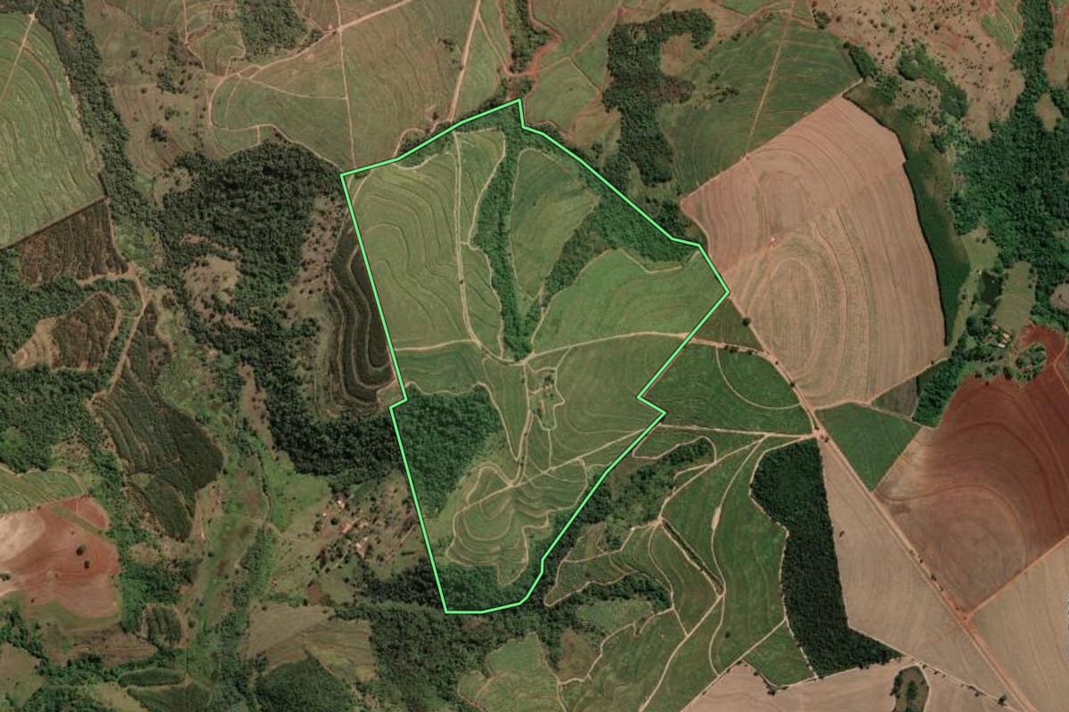 Imagem de satélite do imóvel rural em Tambaú (SP), com o contorno declarado no CAR desenhado por cima.