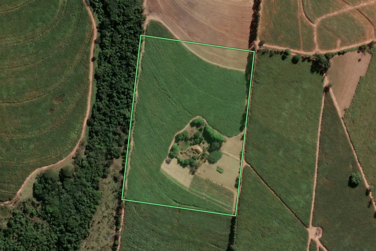 Imagem de satélite do imóvel rural em Tambaú (SP), com o contorno declarado no CAR desenhado por cima.