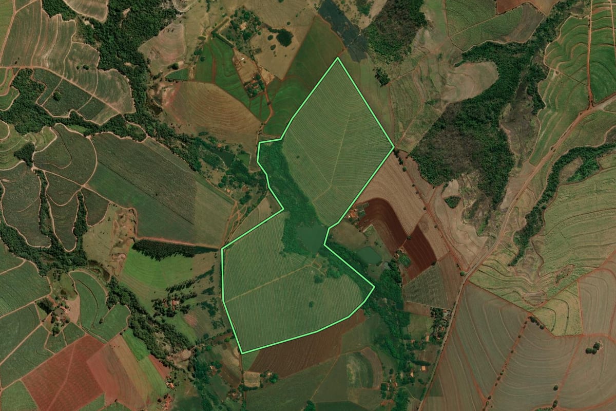 Imagem de satélite do imóvel rural em Tambaú (SP), com o contorno declarado no CAR desenhado por cima.