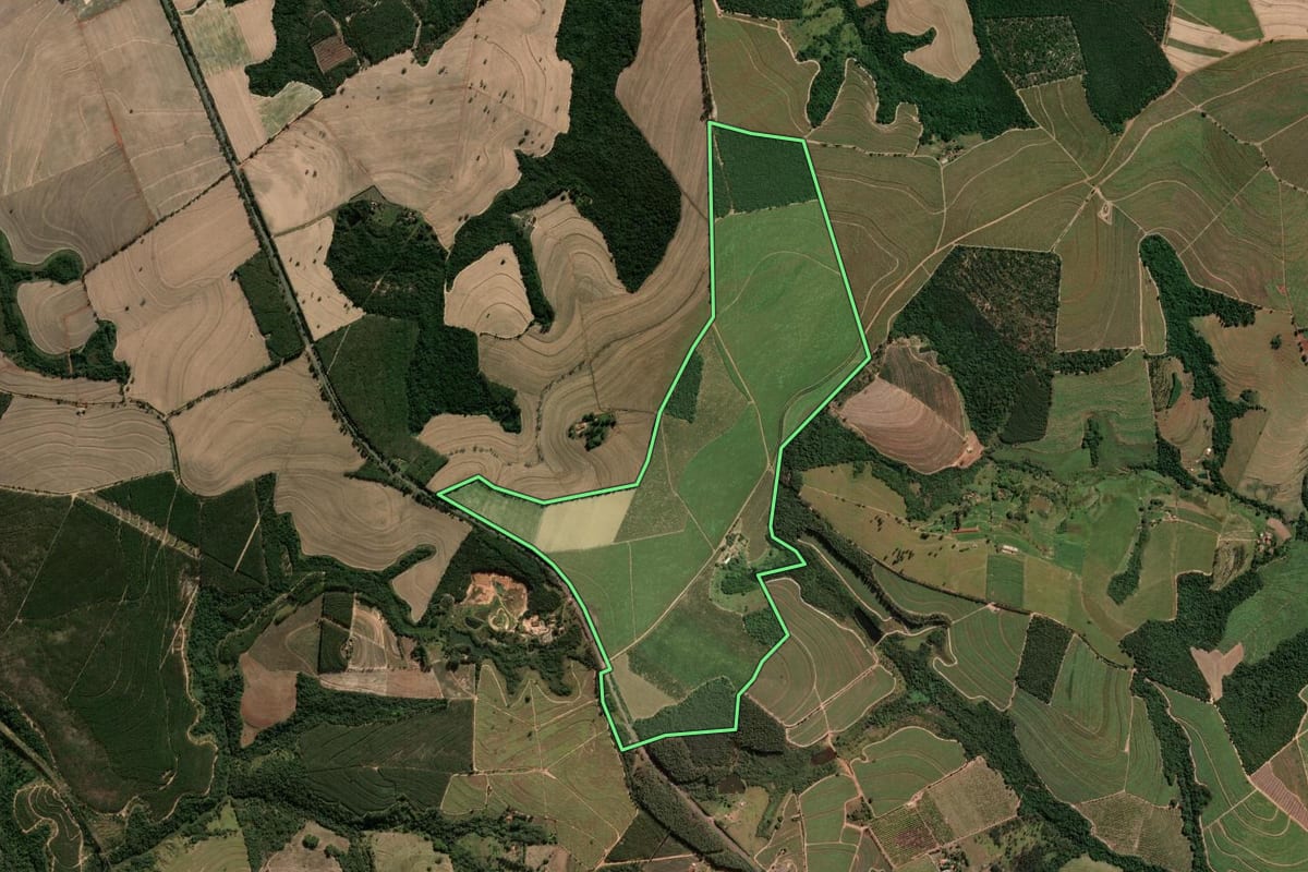 Imagem de satélite do imóvel rural em Tambaú (SP), com o contorno declarado no CAR desenhado por cima.