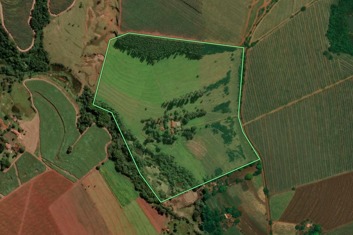 Imagem de satélite do imóvel rural em Tambaú (SP), com o contorno declarado no CAR desenhado por cima.