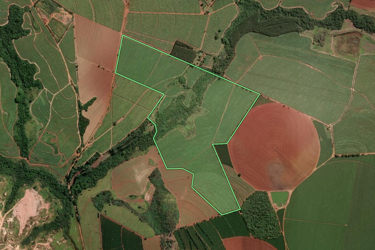 Imagem de satélite do imóvel rural em Tambaú (SP), com o contorno declarado no CAR desenhado por cima.