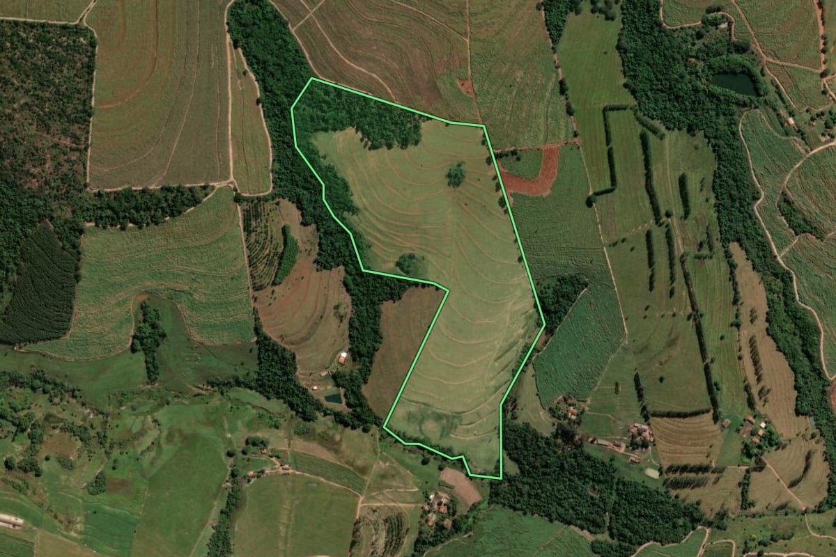 Imagem de satélite do imóvel rural em Tambaú (SP), com o contorno declarado no CAR desenhado por cima.