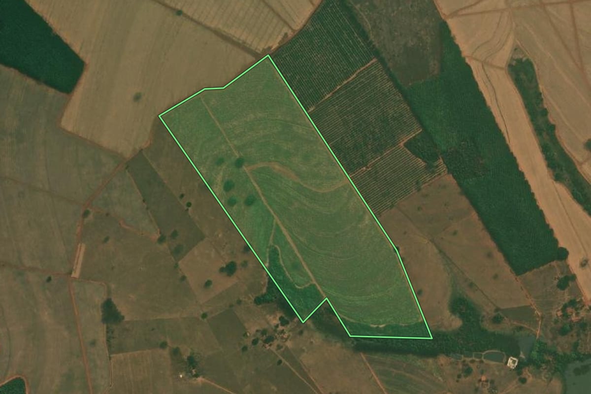 Imagem de satélite do imóvel rural em Tanabi (SP), com o contorno declarado no CAR desenhado por cima.