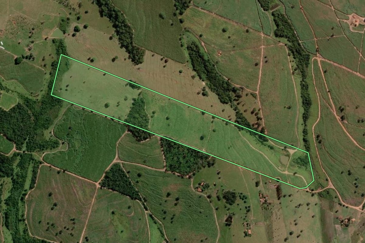 Imagem de satélite do imóvel rural em Tanabi (SP), com o contorno declarado no CAR desenhado por cima.