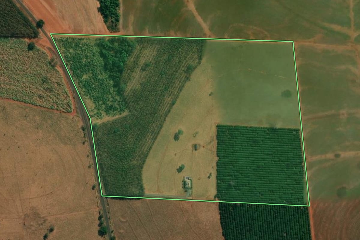 Imagem de satélite do imóvel rural em Tanabi (SP), com o contorno declarado no CAR desenhado por cima.