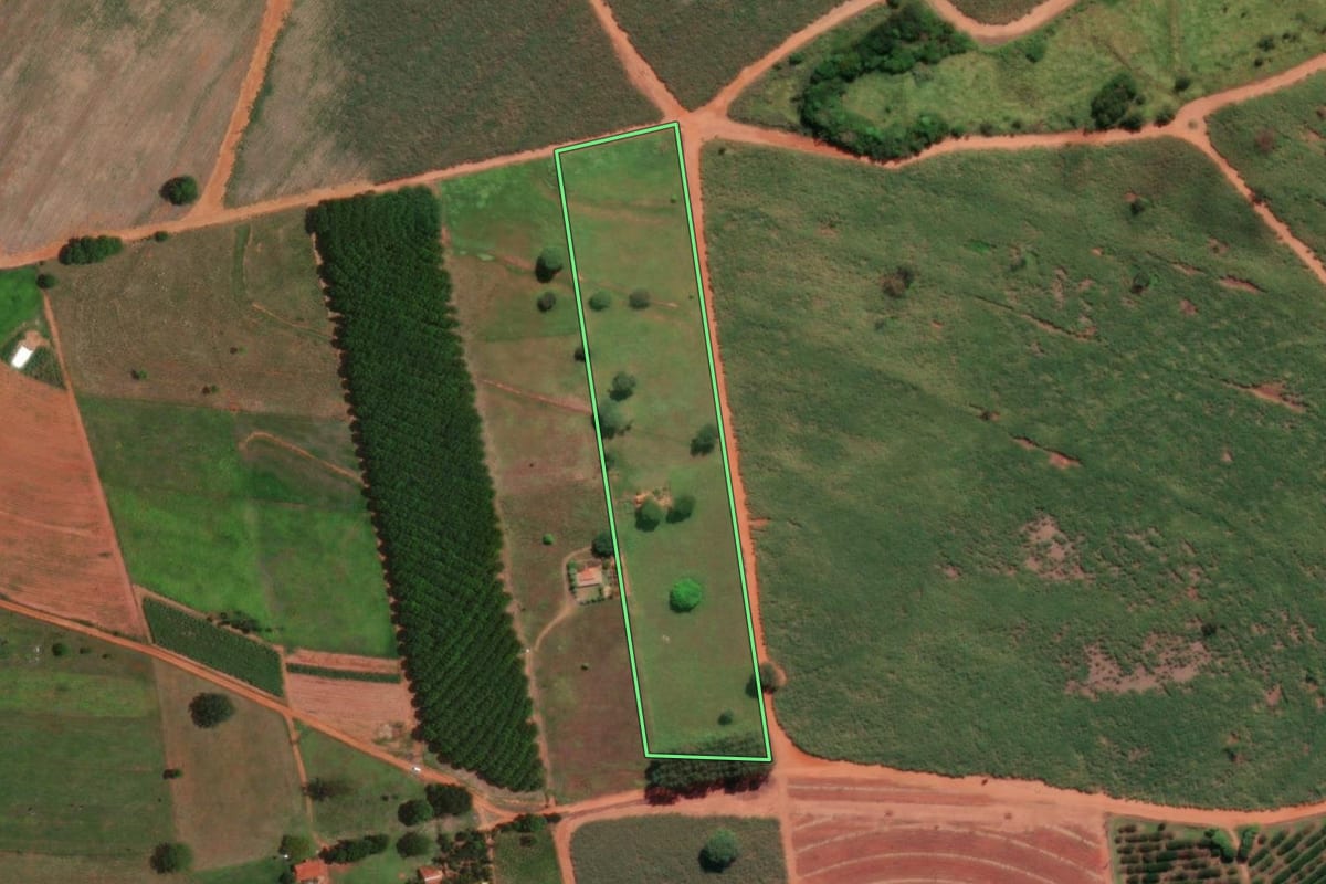 Imagem de satélite do imóvel rural em Tanabi (SP), com o contorno declarado no CAR desenhado por cima.