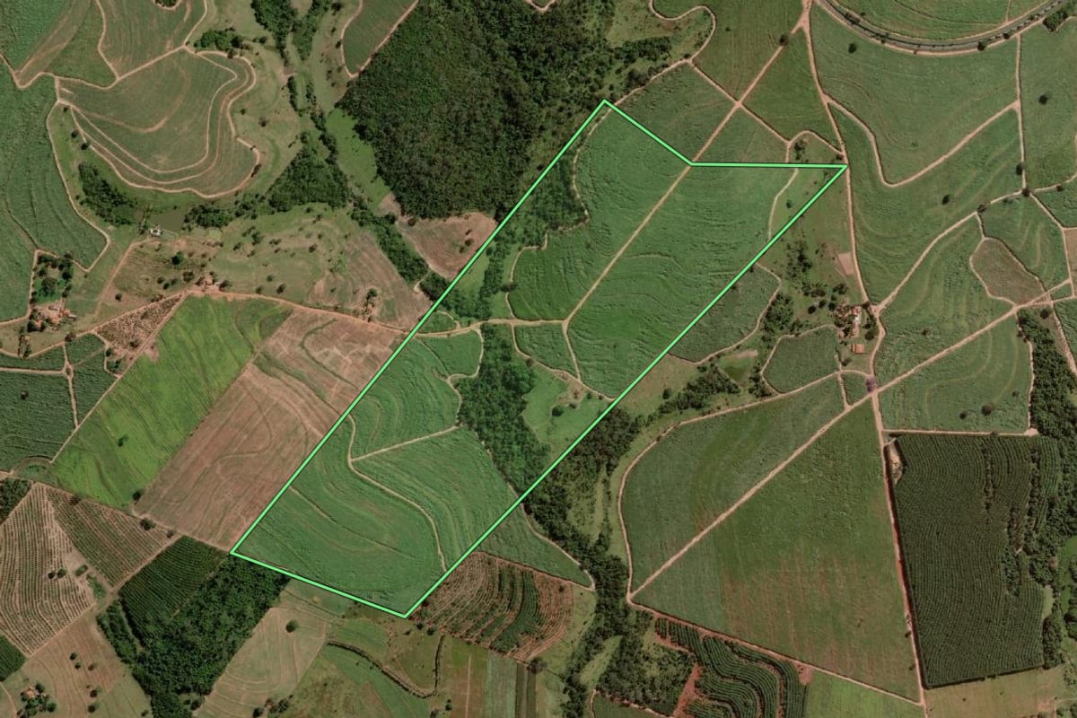 Imagem de satélite do imóvel rural em Tanabi (SP), com o contorno declarado no CAR desenhado por cima.