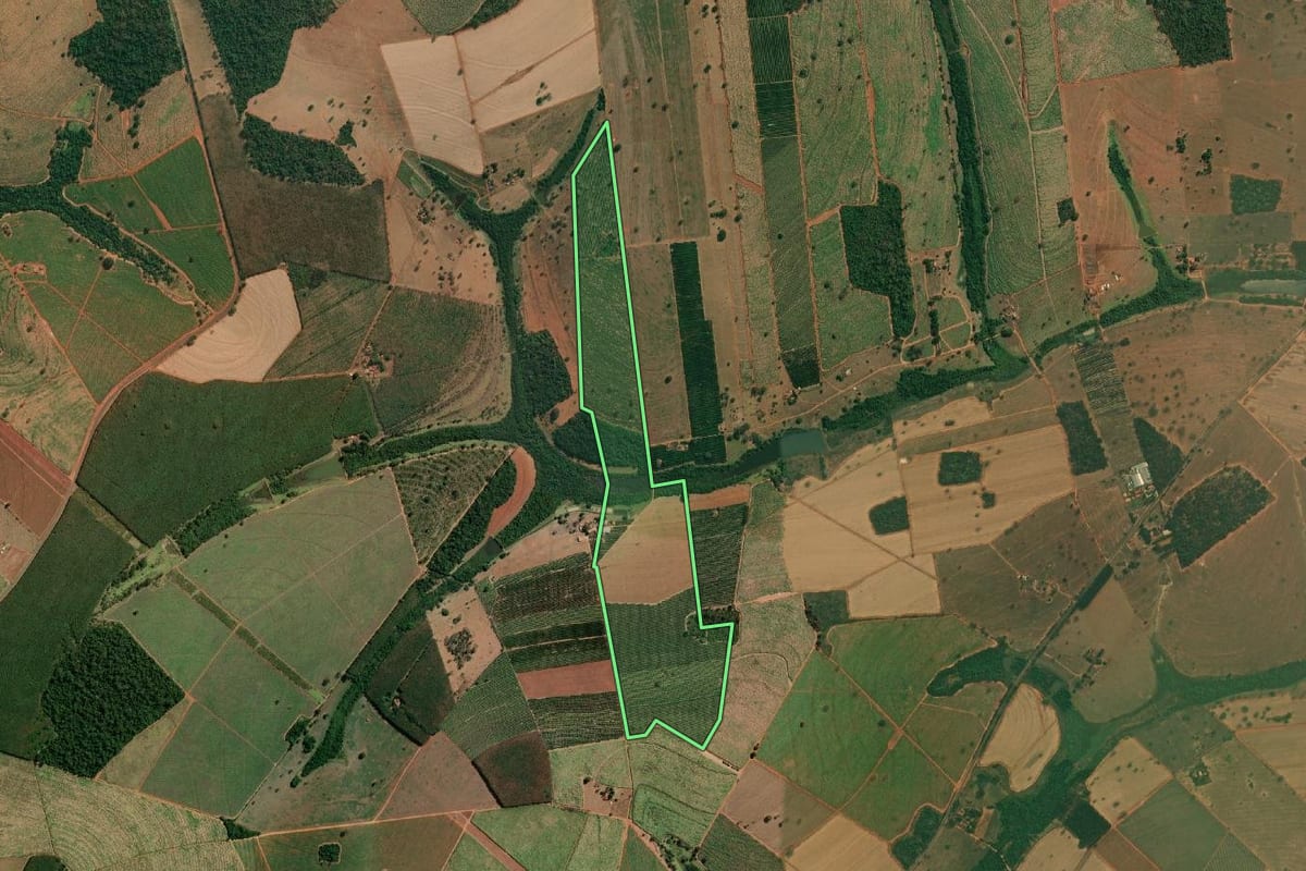 Imagem de satélite do imóvel rural em Tanabi (SP), com o contorno declarado no CAR desenhado por cima.