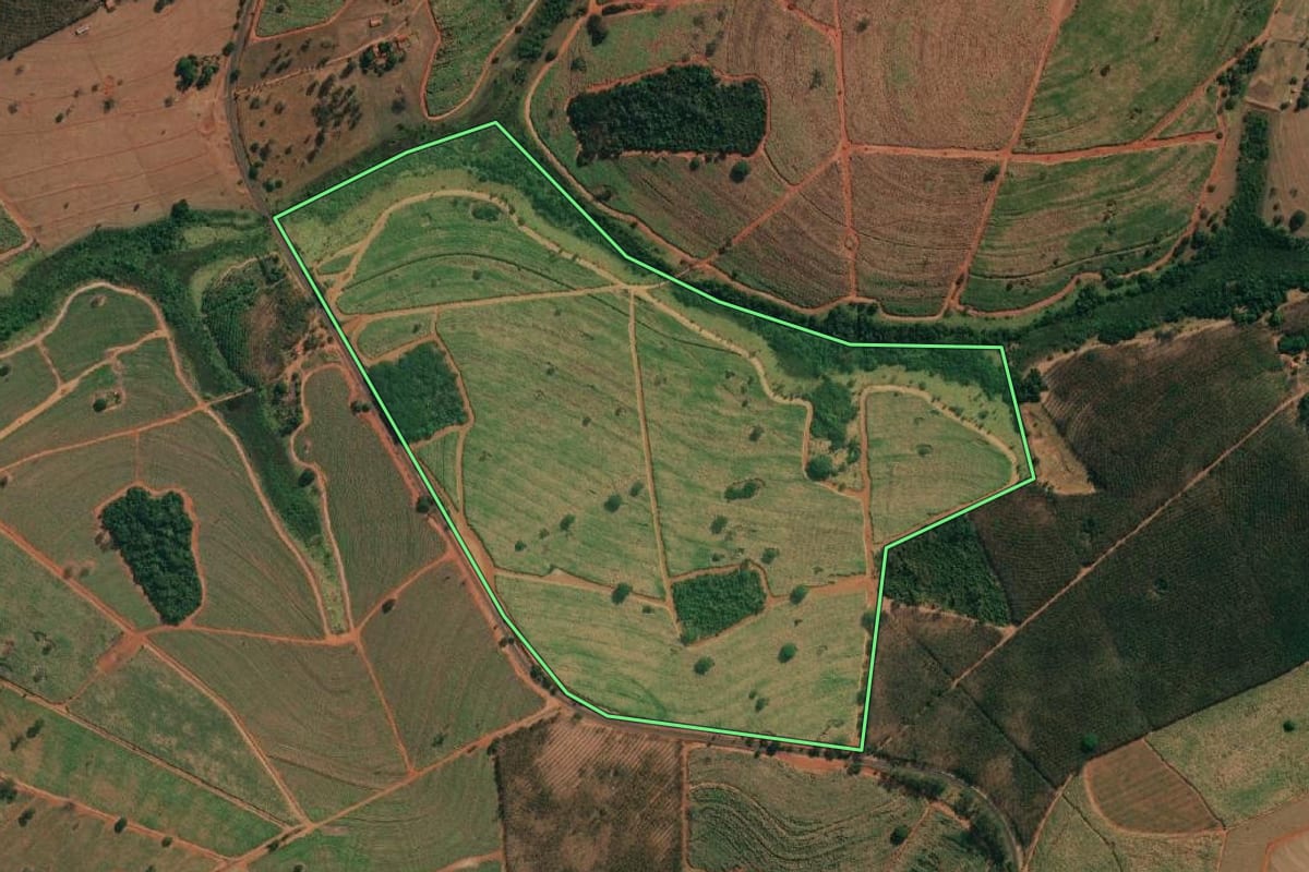 Imagem de satélite do imóvel rural em Tanabi (SP), com o contorno declarado no CAR desenhado por cima.