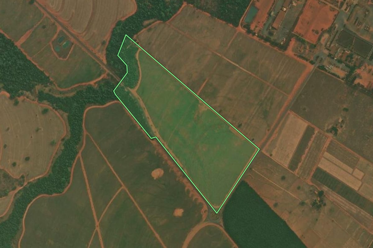 Imagem de satélite do imóvel rural em Tanabi (SP), com o contorno declarado no CAR desenhado por cima.