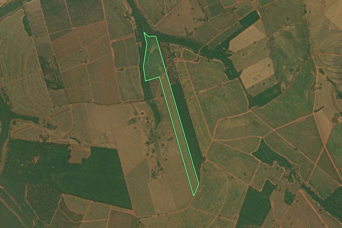 Imagem de satélite do imóvel rural em Tanabi (SP), com o contorno declarado no CAR desenhado por cima.