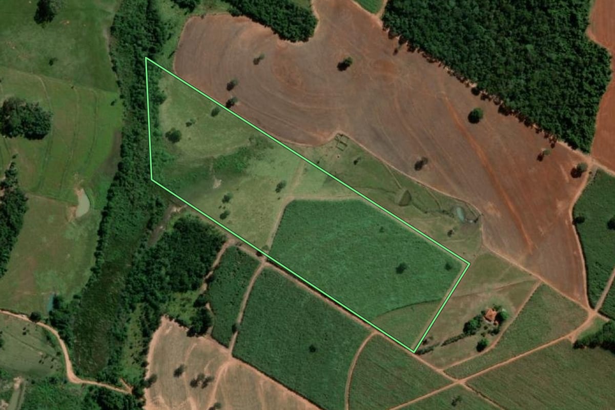 Imagem de satélite do imóvel rural em Tanabi (SP), com o contorno declarado no CAR desenhado por cima.