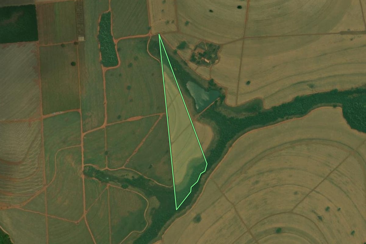 Imagem de satélite do imóvel rural em Tanabi (SP), com o contorno declarado no CAR desenhado por cima.