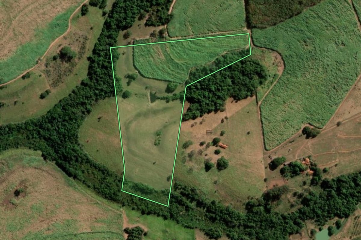 Imagem de satélite do imóvel rural em Tanabi (SP), com o contorno declarado no CAR desenhado por cima.