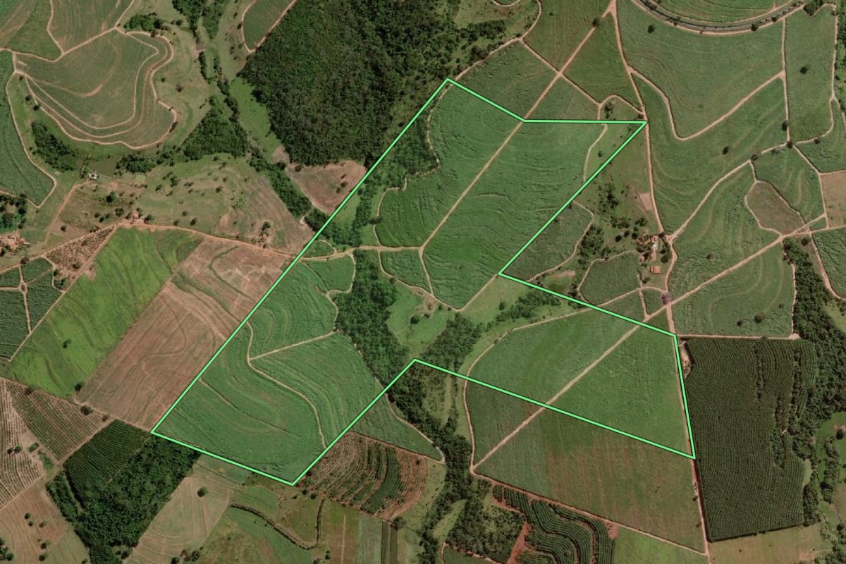 Imagem de satélite do imóvel rural em Tanabi (SP), com o contorno declarado no CAR desenhado por cima.