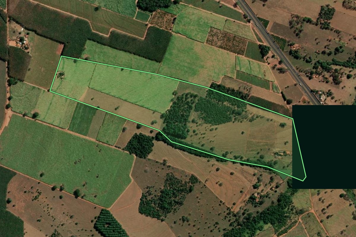 Imagem de satélite do imóvel rural em Tanabi (SP), com o contorno declarado no CAR desenhado por cima.