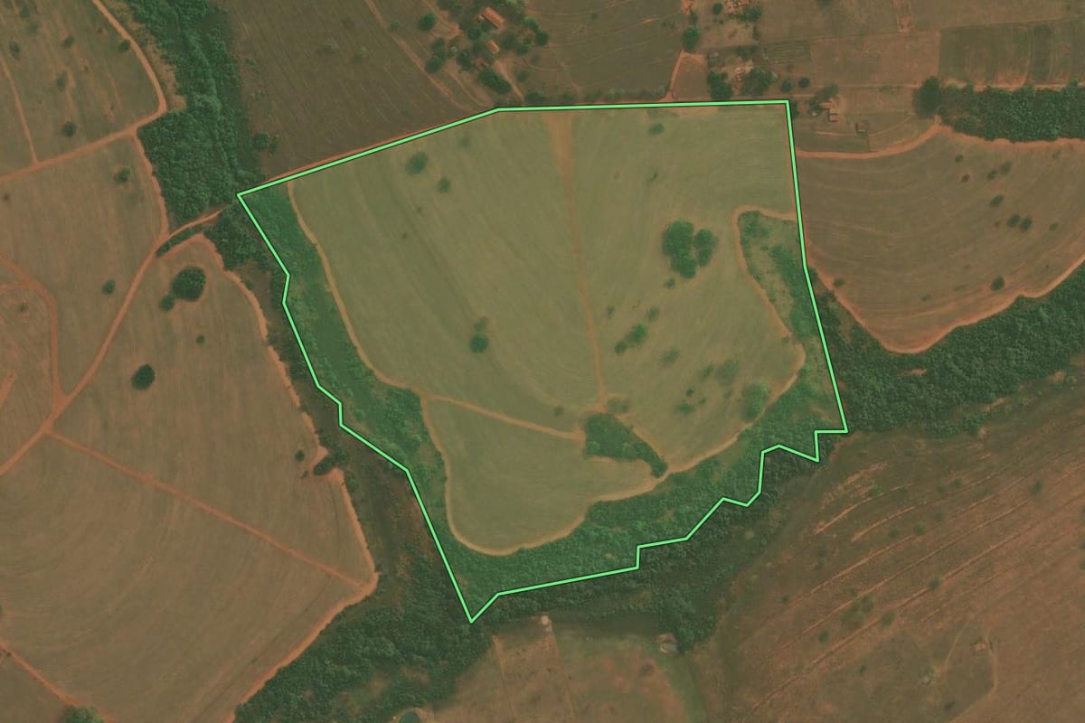 Imagem de satélite do imóvel rural em Tanabi (SP), com o contorno declarado no CAR desenhado por cima.