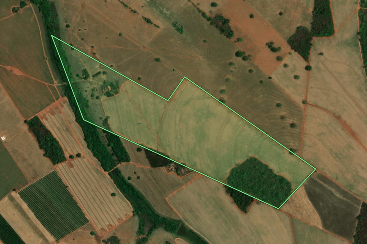 Imagem de satélite do imóvel rural em Tanabi (SP), com o contorno declarado no CAR desenhado por cima.