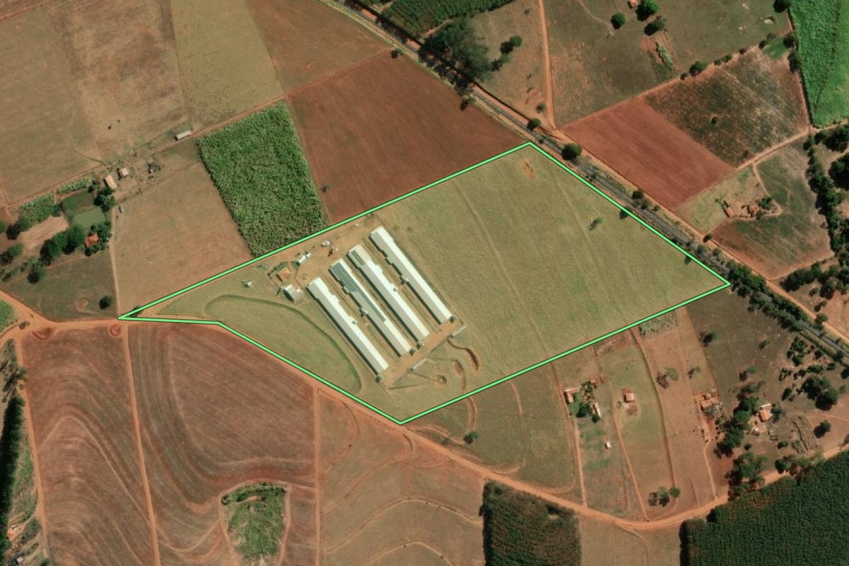 Imagem de satélite do imóvel rural em Tanabi (SP), com o contorno declarado no CAR desenhado por cima.