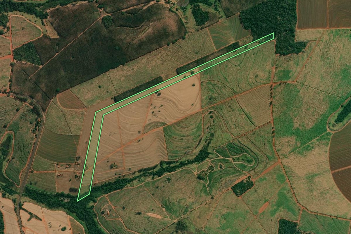 Imagem de satélite do imóvel rural em Tanabi (SP), com o contorno declarado no CAR desenhado por cima.