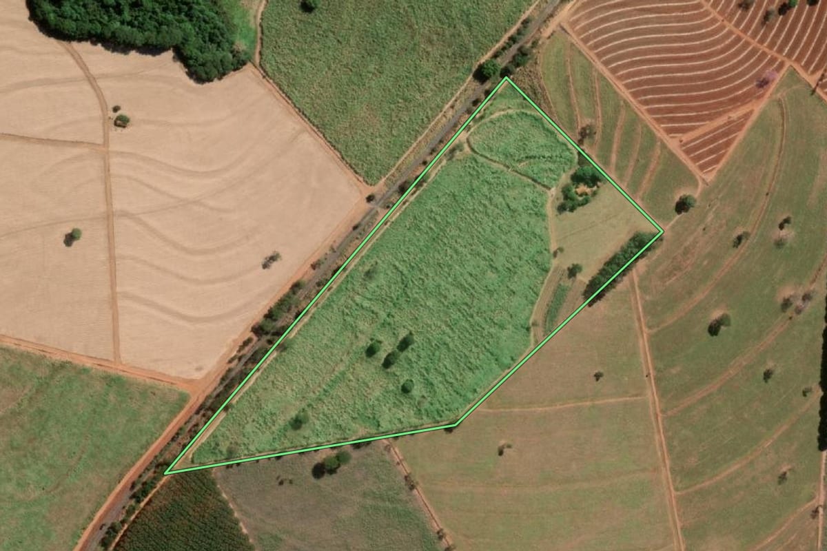 Imagem de satélite do imóvel rural em Tanabi (SP), com o contorno declarado no CAR desenhado por cima.
