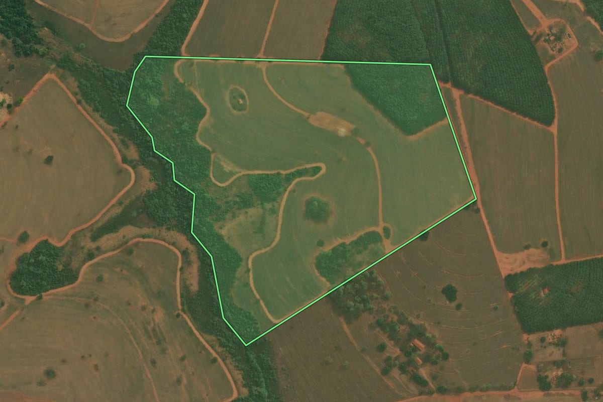 Imagem de satélite do imóvel rural em Tanabi (SP), com o contorno declarado no CAR desenhado por cima.