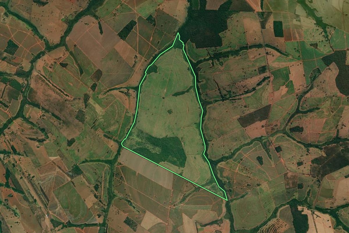 Imagem de satélite do imóvel rural em Tanabi (SP), com o contorno declarado no CAR desenhado por cima.