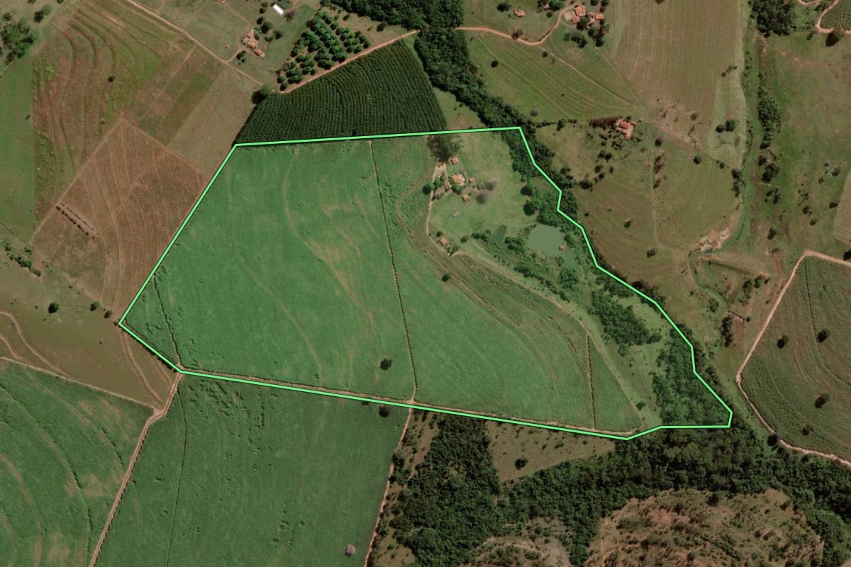 Imagem de satélite do imóvel rural em Tanabi (SP), com o contorno declarado no CAR desenhado por cima.