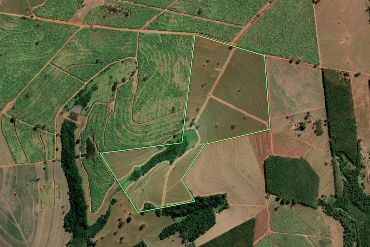 Imagem de satélite do imóvel rural em Tanabi (SP), com o contorno declarado no CAR desenhado por cima.