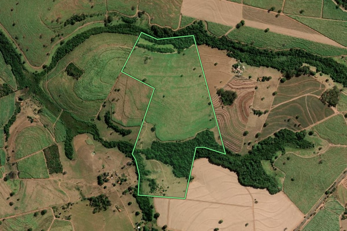 Imagem de satélite do imóvel rural em Tanabi (SP), com o contorno declarado no CAR desenhado por cima.