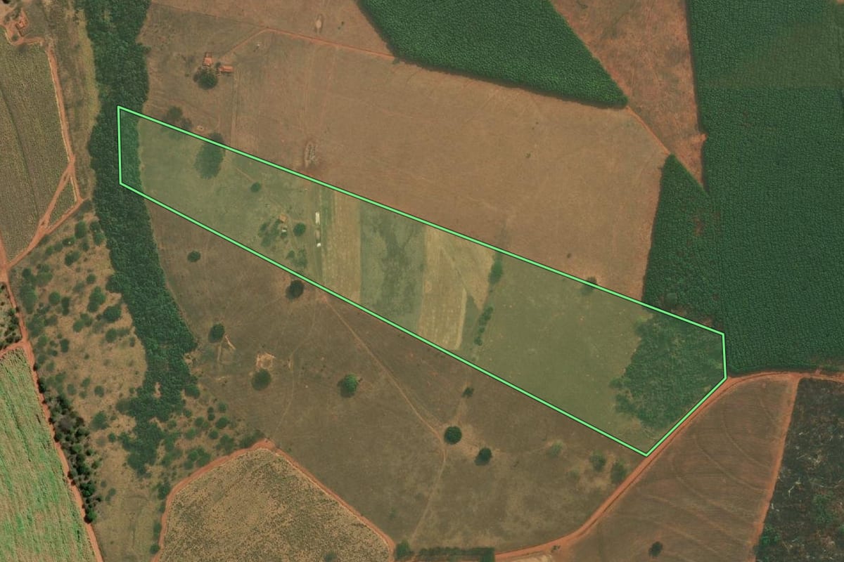 Imagem de satélite do imóvel rural em Tanabi (SP), com o contorno declarado no CAR desenhado por cima.