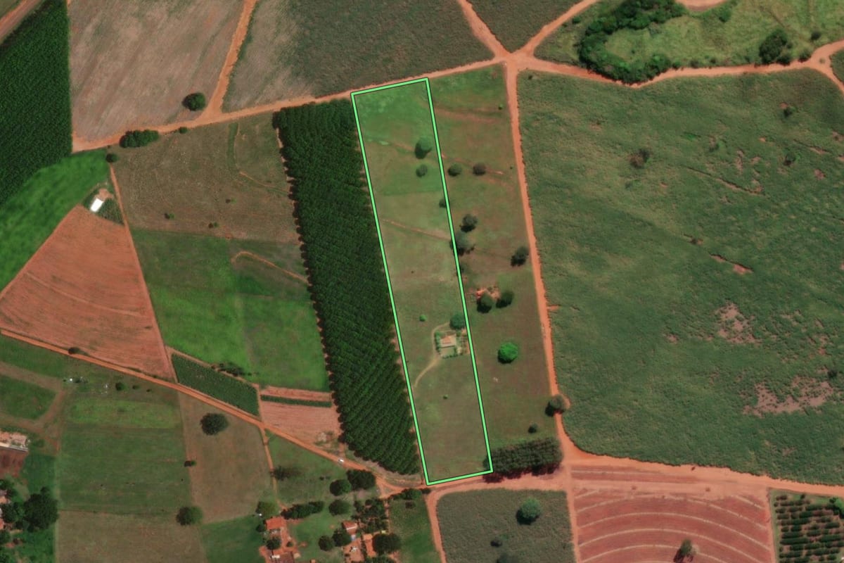 Imagem de satélite do imóvel rural em Tanabi (SP), com o contorno declarado no CAR desenhado por cima.