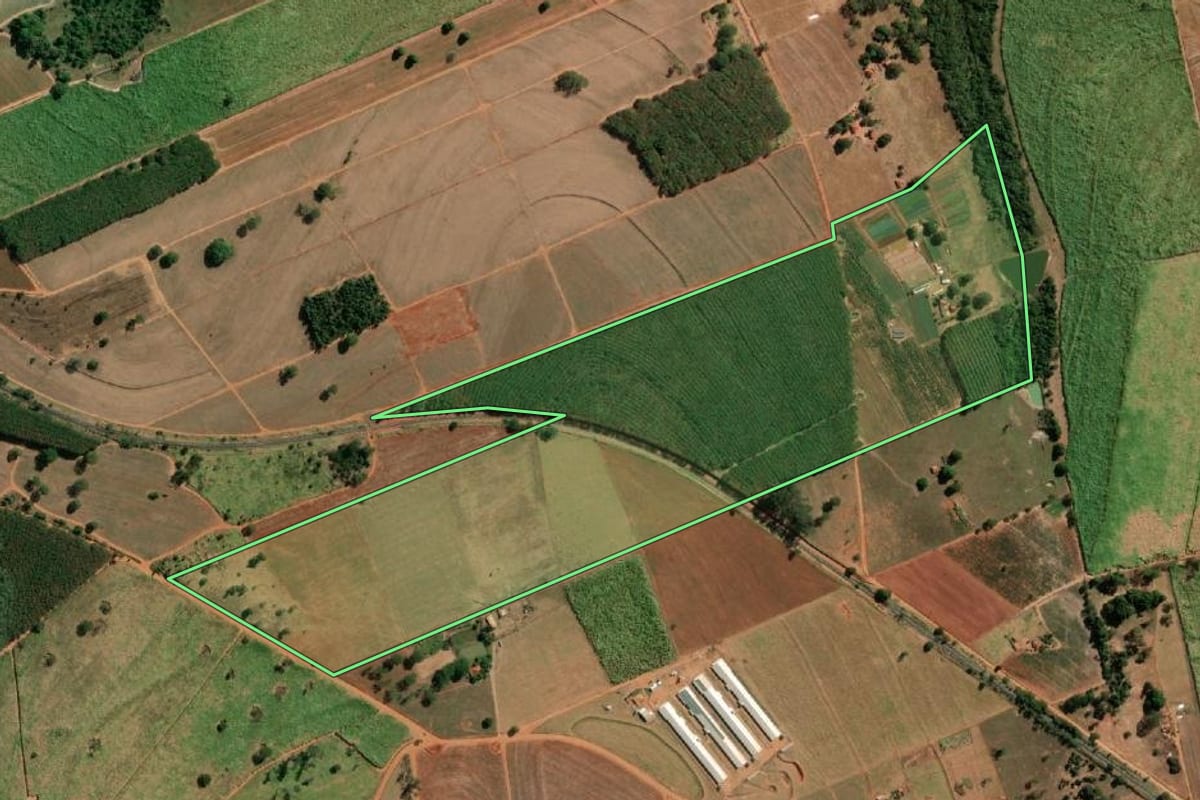Imagem de satélite do imóvel rural em Tanabi (SP), com o contorno declarado no CAR desenhado por cima.