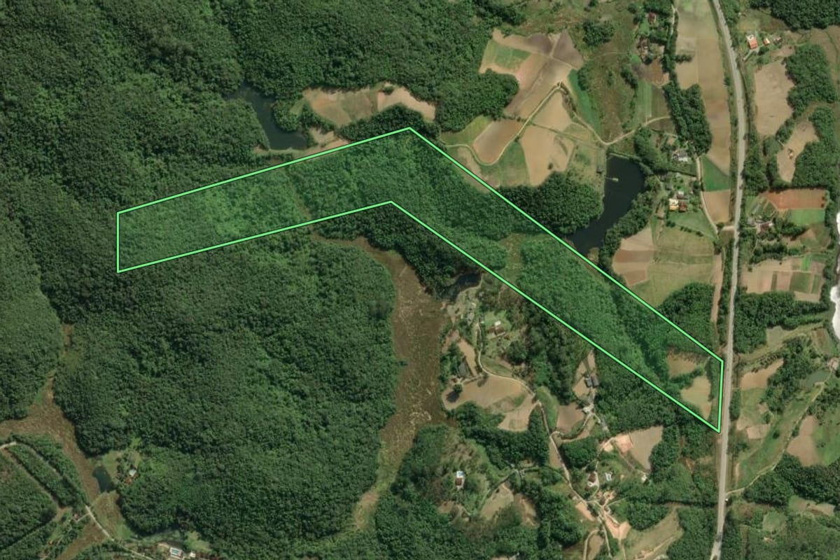 Imagem de satélite do imóvel rural em Tapiraí (SP), com o contorno declarado no CAR desenhado por cima.