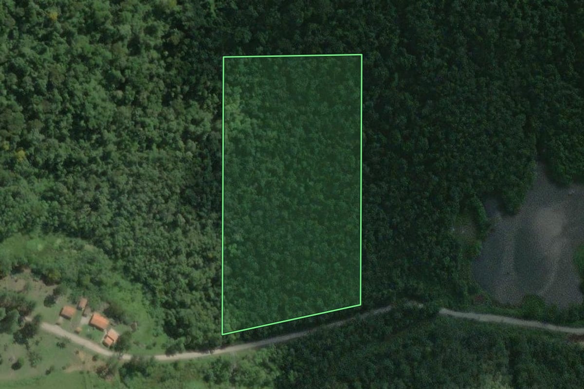 Imagem de satélite do imóvel rural em Tapiraí (SP), com o contorno declarado no CAR desenhado por cima.