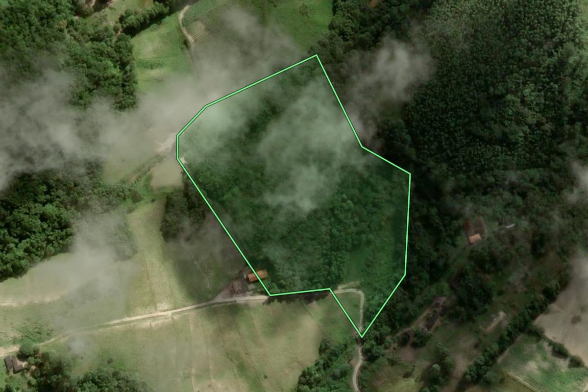 Imagem de satélite do imóvel rural em Tapiraí (SP), com o contorno declarado no CAR desenhado por cima.