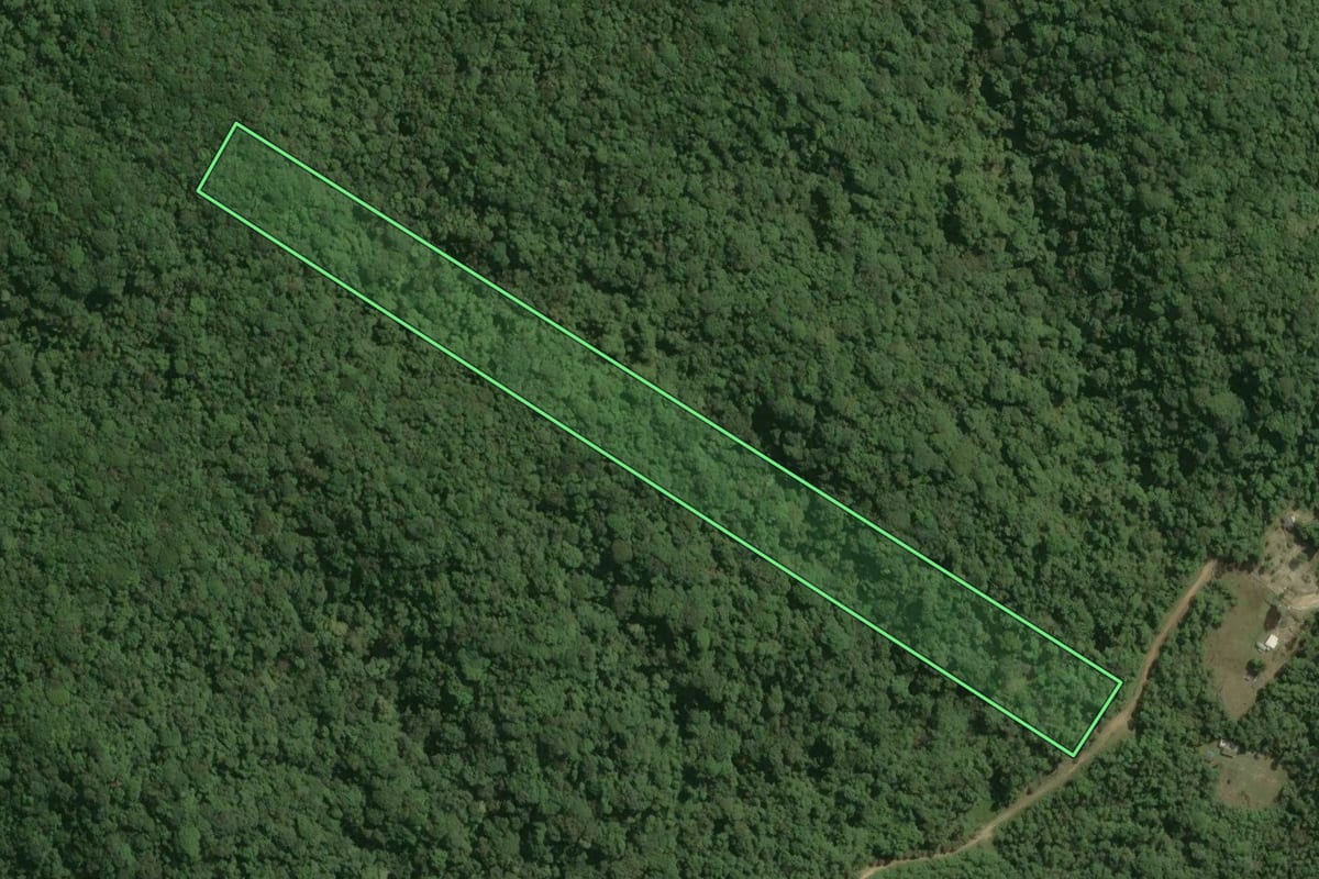 Imagem de satélite do imóvel rural em Tapiraí (SP), com o contorno declarado no CAR desenhado por cima.