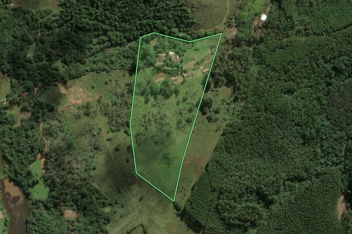 Imagem de satélite do imóvel rural em Tapiraí (SP), com o contorno declarado no CAR desenhado por cima.
